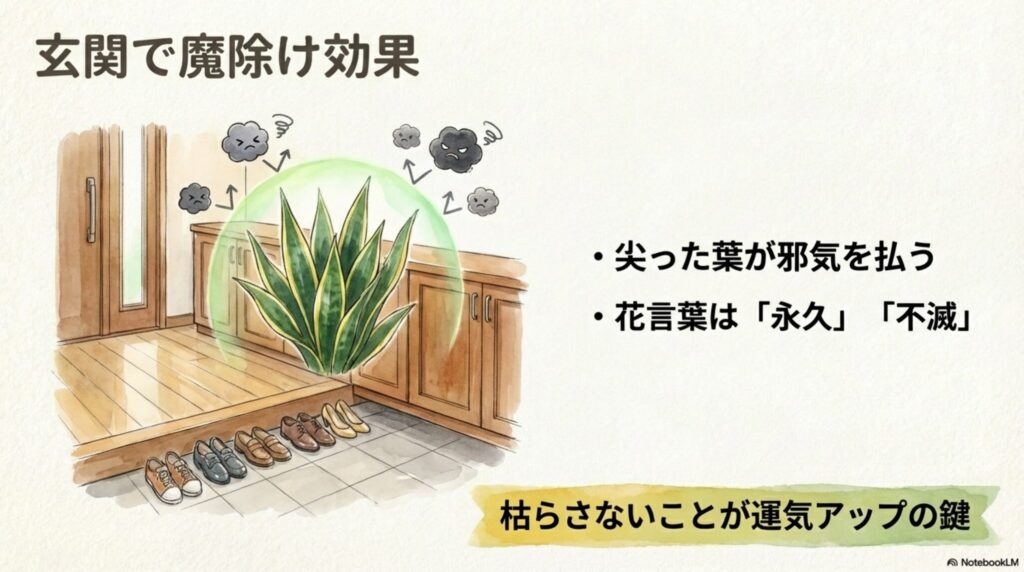 玄関に置かれたサンスベリア・スパーバのイラスト。尖った葉が邪気を払い、魔除け効果が期待できる。花言葉は「永久」「不滅」。