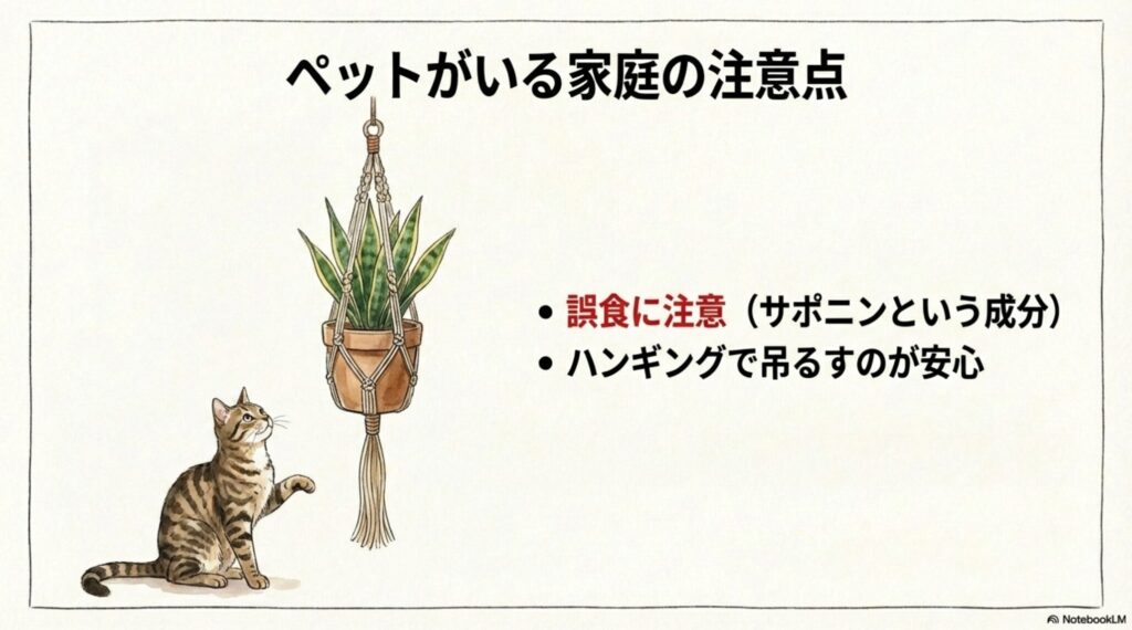 猫がサンスベリアを見上げているイラスト。誤食に注意し、ハンギングで吊るして飾ることで安全に対策できる。