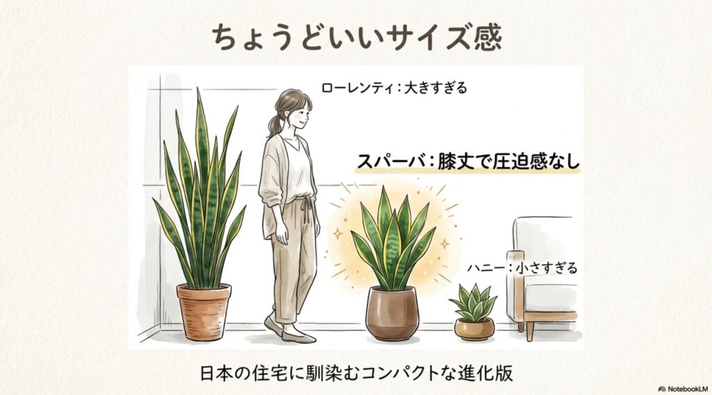 サンスベリアの品種によるサイズ比較イラスト。大きすぎるローレンティ、小さすぎるハニーに対し、スパーバは膝丈で圧迫感のないちょうどいいサイズ。