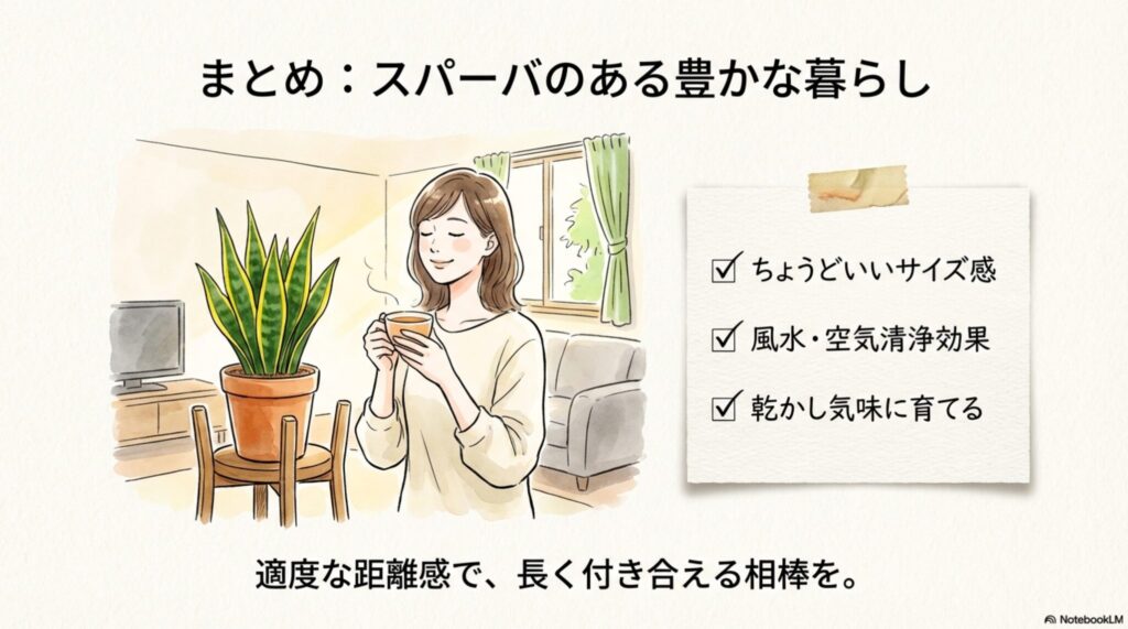 記事のまとめ。ちょうどいいサイズ感、風水・空気清浄効果、乾かし気味に育てることがポイント。適度な距離感で長く付き合える。