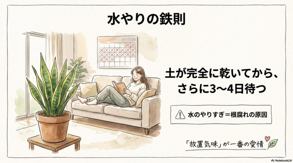 サンスベリア・スパーバの水やりカレンダーとコツ。土が完全に乾いてからさらに3〜4日待つことが鉄則。水のやりすぎは根腐れの原因になる。