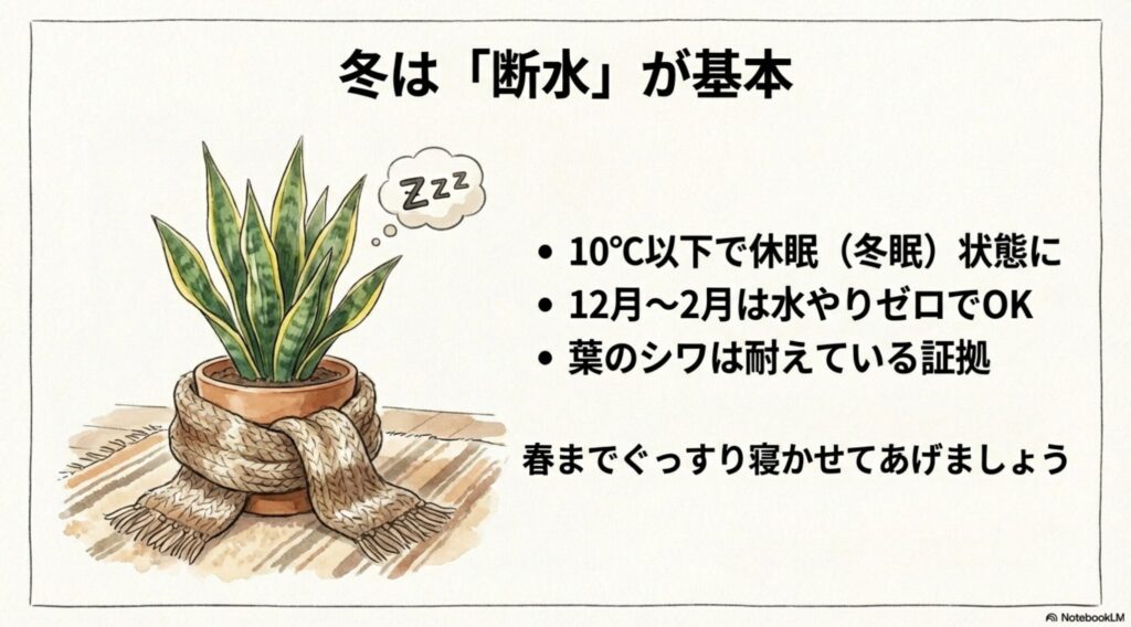 冬のサンスベリア・スパーバの管理方法。10度以下で休眠状態になるため、12月から2月は水やりゼロ（断水）にする。葉のシワは耐えている証拠。