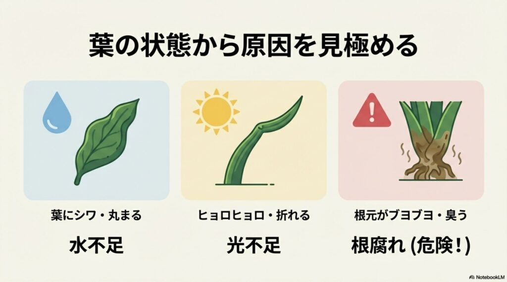 葉のシワは水不足、徒長は光不足、根元の軟化は根腐れなど、症状から原因を判断するイラストチャート