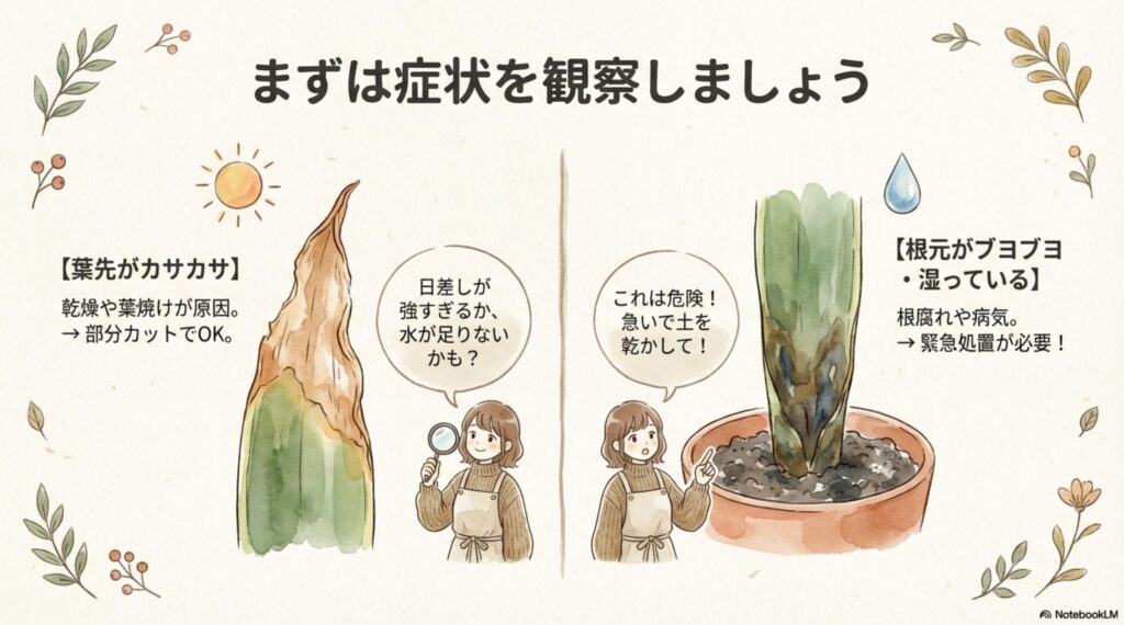 葉先がカサカサなら乾燥、根元がブヨブヨなら根腐れと判断するフローチャート