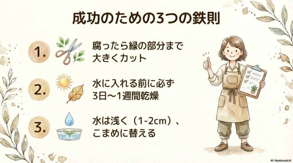 サンスベリアの水差しを成功させるための3つの鉄則まとめ。カット、乾燥、浅水管理。