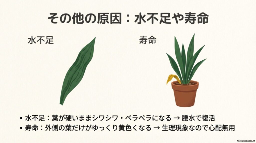サンスベリアの葉に入るシワ（水不足）と下葉の黄変（寿命）のイラスト