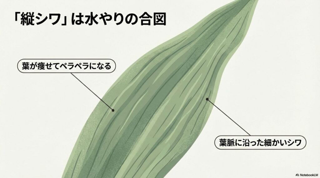 サンスベリアの水不足を示す葉の縦シワ。葉が痩せてペラペラになり、葉脈に沿って細かいシワが入ります。