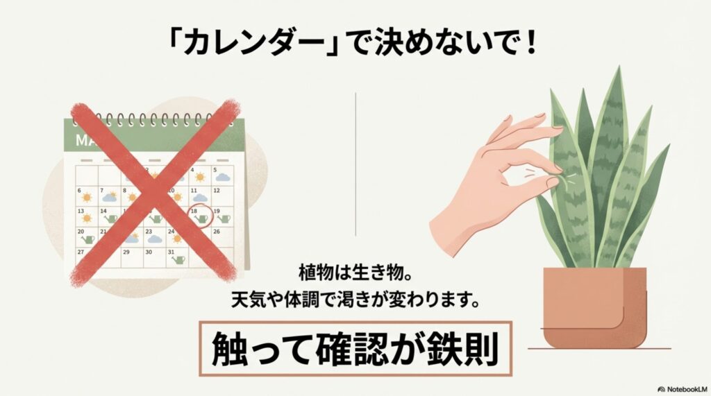 カレンダーの日付で水やりを決めるのはNG。サンスベリアの状態を見て判断しましょう。