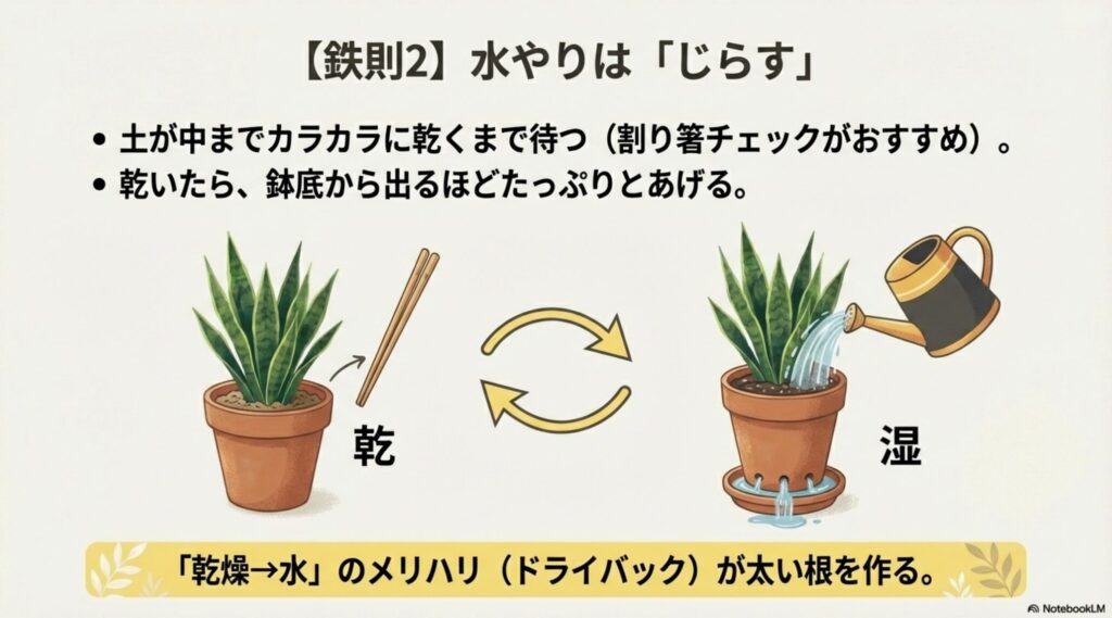 サンスベリアの水やりのコツ。土が乾燥してからたっぷり水を与えるドライバックのサイクル図解。