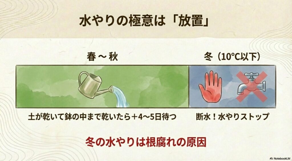 サンスベリアの水やり頻度。春から秋は放置気味に、冬は断水するスケジュール