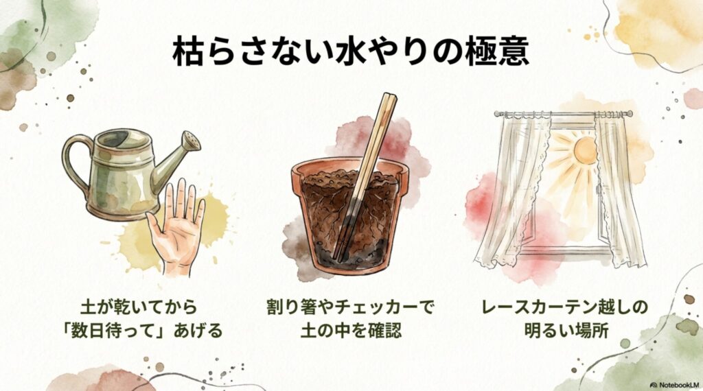 土が乾いてから数日待ち、割り箸やチェッカーで確認して水やりをする極意のイラスト