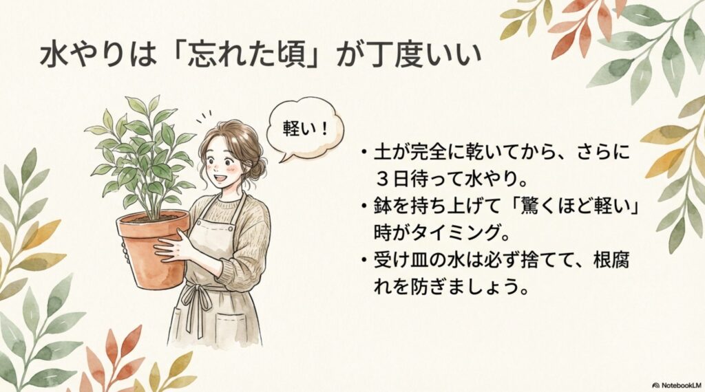 鉢を持ち上げて驚くほど軽い時が水やりのタイミングであることを示すイラスト