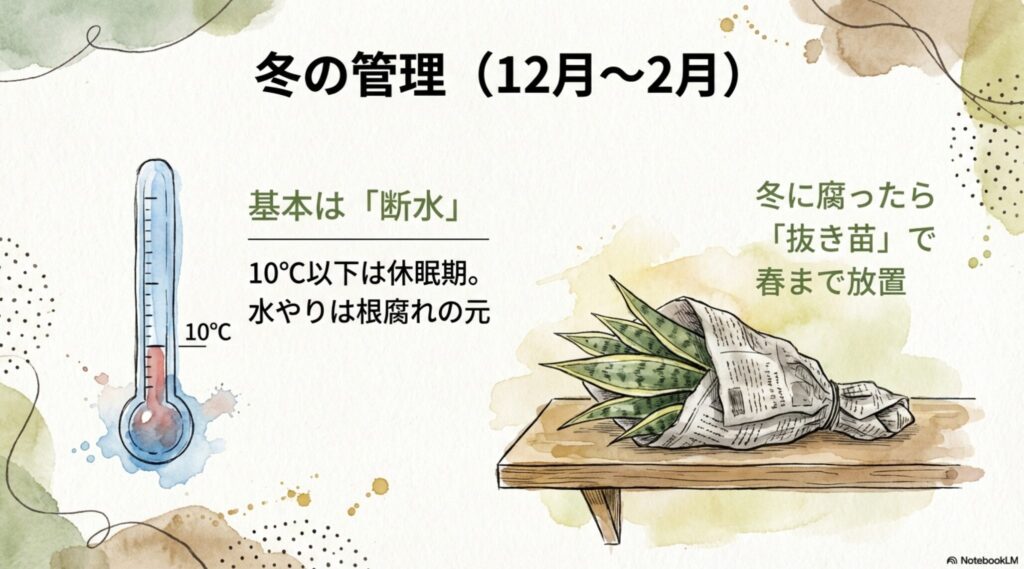 10℃以下の冬の管理として、サンスベリアを新聞紙で包み、春まで断水して保管する抜き苗越冬のイラスト