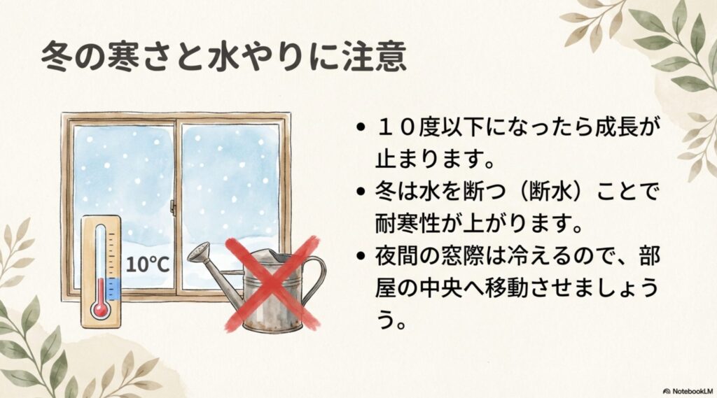 10度以下で成長が止まることや、夜間の窓際から移動させることを促す冬の管理イラスト