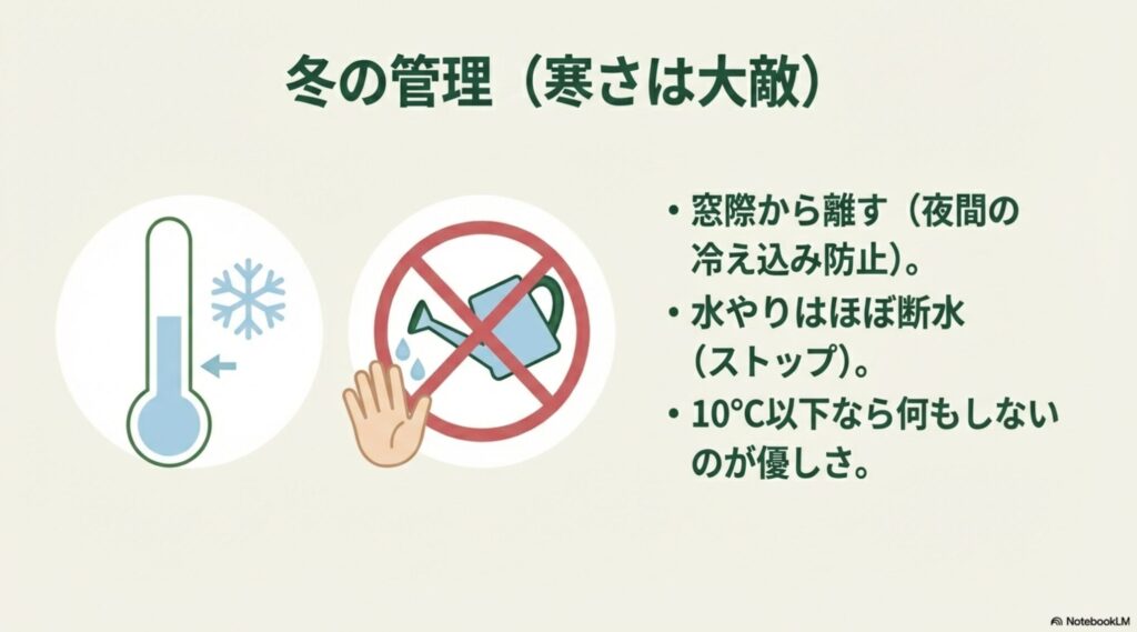 窓際から離す、断水気味にするなど、寒さ対策として重要な冬の管理方法のイラスト