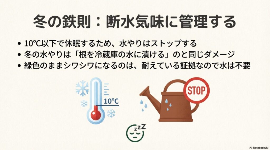 気温10度以下で休眠するサンスベリアの水やりをストップする冬の管理イラスト