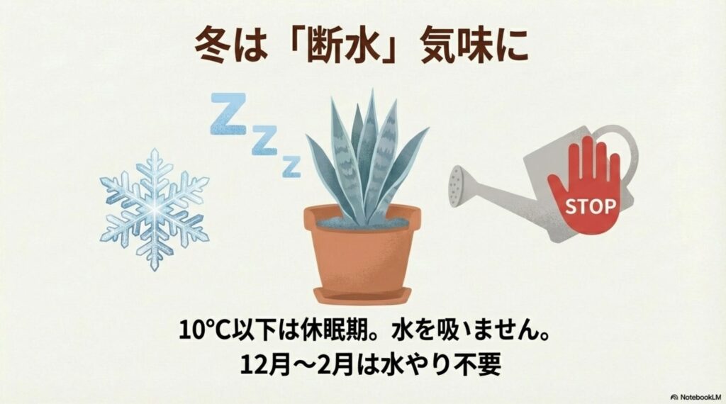 冬のサンスベリアは断水気味に管理します。10℃以下は休眠期で水を吸わないため、12月から2月は水やり不要です。
