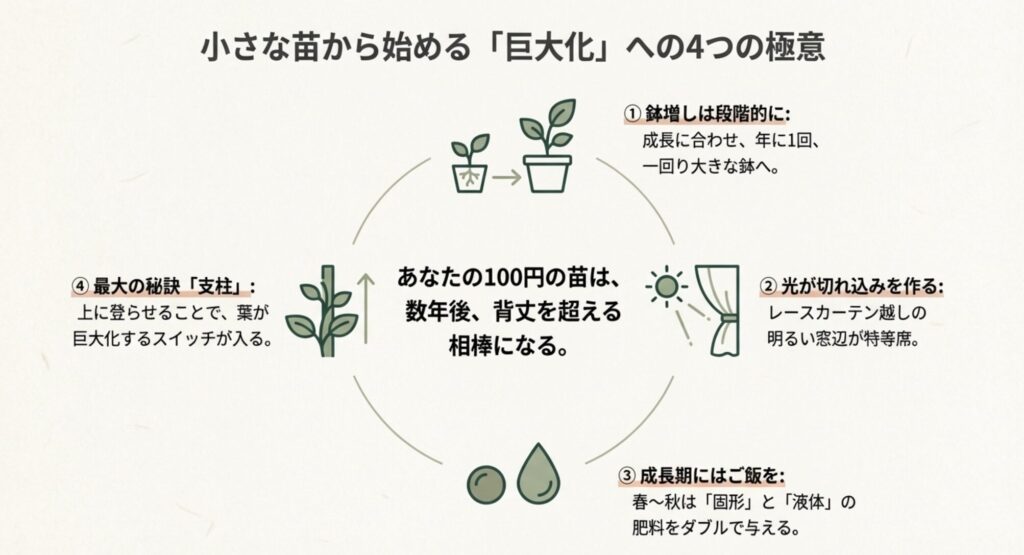 モンステラを巨大化させるには、段階的な鉢増し、明るい光、成長期の肥料、そして支柱に登らせることが重要です。