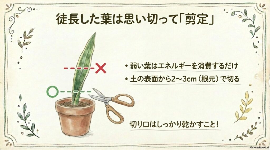 徒長したサンスベリアの葉を切る位置を示した図。中途半端な位置ではなく、土の表面近くの根元から切るのが正解。
