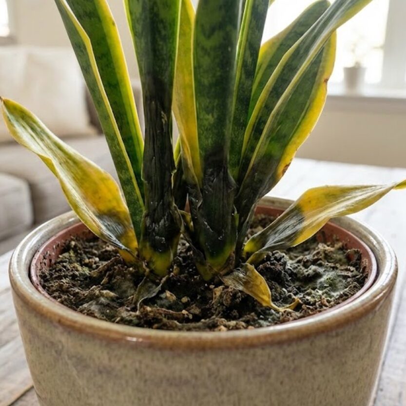 根腐れによって株元から変色しているサンスベリア