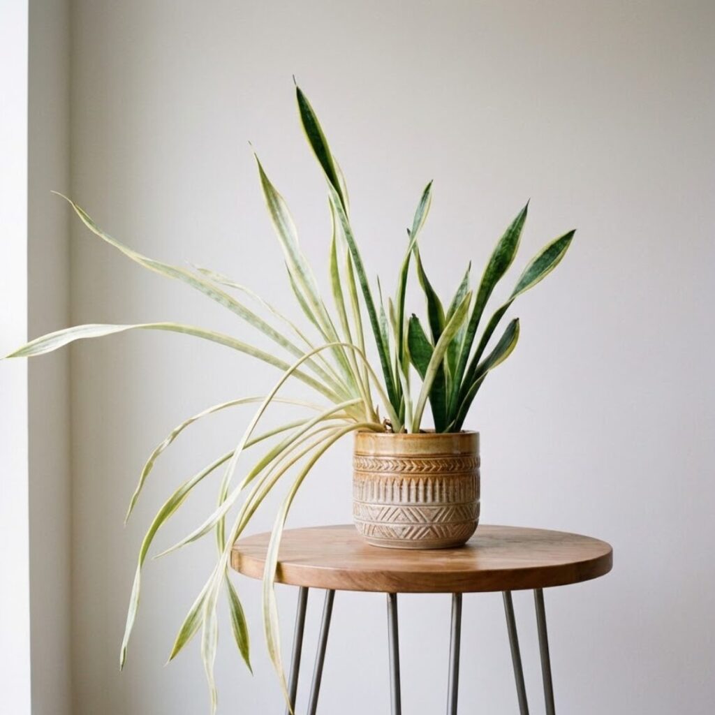 サンスベリア・ローレンティの葉がひょろひょろと徒長している。