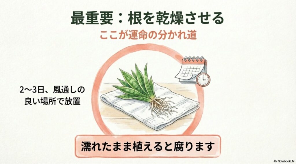 洗ったサンスベリアの根をタオルで乾燥させているイラスト