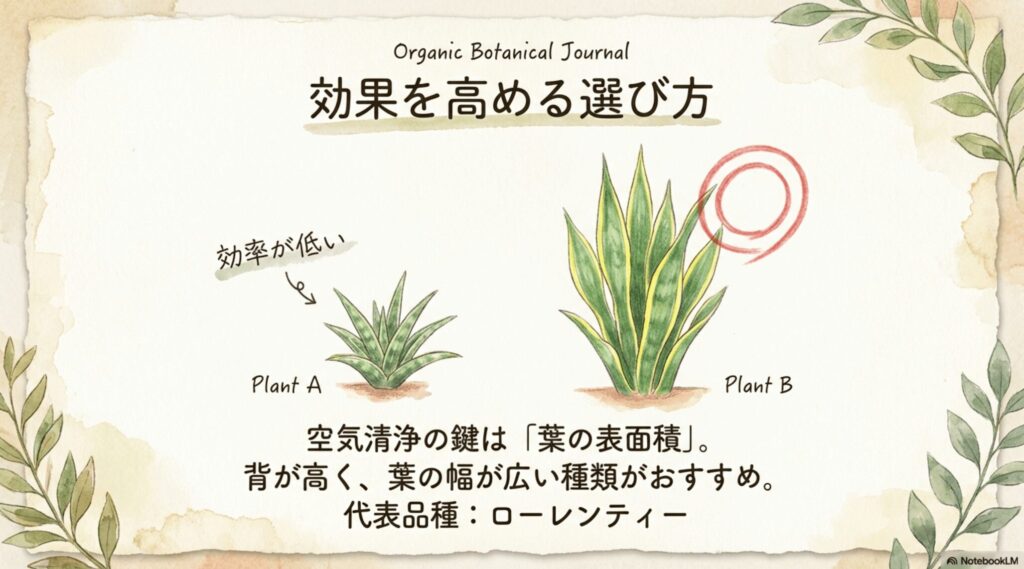 空気清浄効果を高めるサンスベリアの選び方。鍵は葉の表面積の広さ。背が高く葉の幅が広いローレンティーなどの品種がおすすめです。