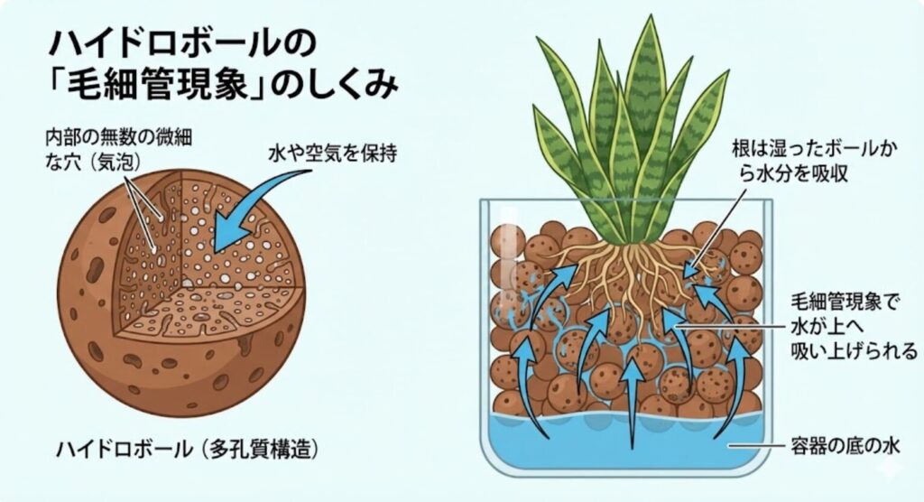 ハイドロボール内部の多孔質構造と、毛細管現象によって底の水を上へ吸い上げ、サンスベリアの根に水分を届ける仕組みの図解