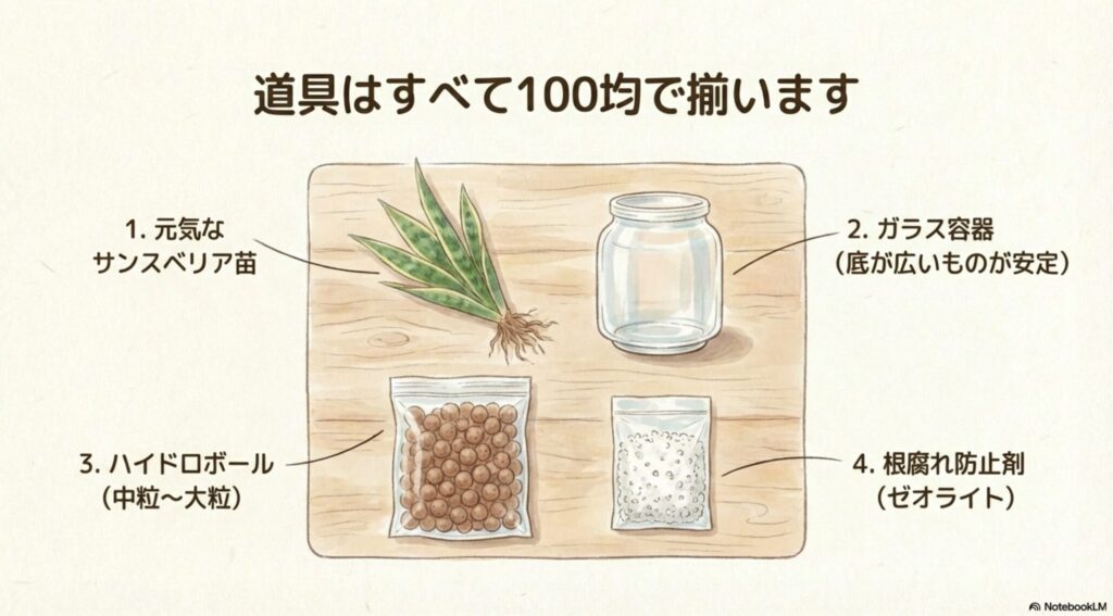 ハイドロカルチャーに必要な道具(元気なサンスベリア苗、底の広いガラス容器、中粒〜大粒のハイドロボール、ゼオライトなどの根腐れ防止剤)はすべて100均で揃います
