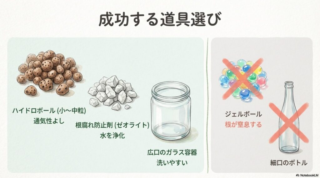 水耕栽培に必要なハイドロボール、根腐れ防止剤、ガラス容器のイラスト