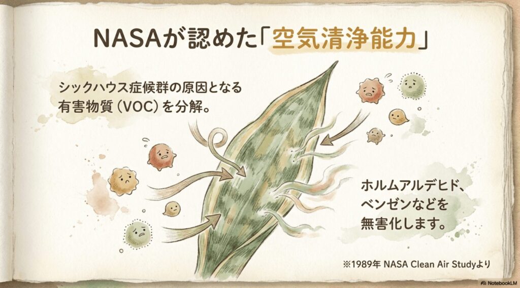 NASAの研究で判明したサンスベリアの空気清浄能力。シックハウス症候群の原因となるホルムアルデヒドやベンゼンなどの有害物質を分解・無害化します。