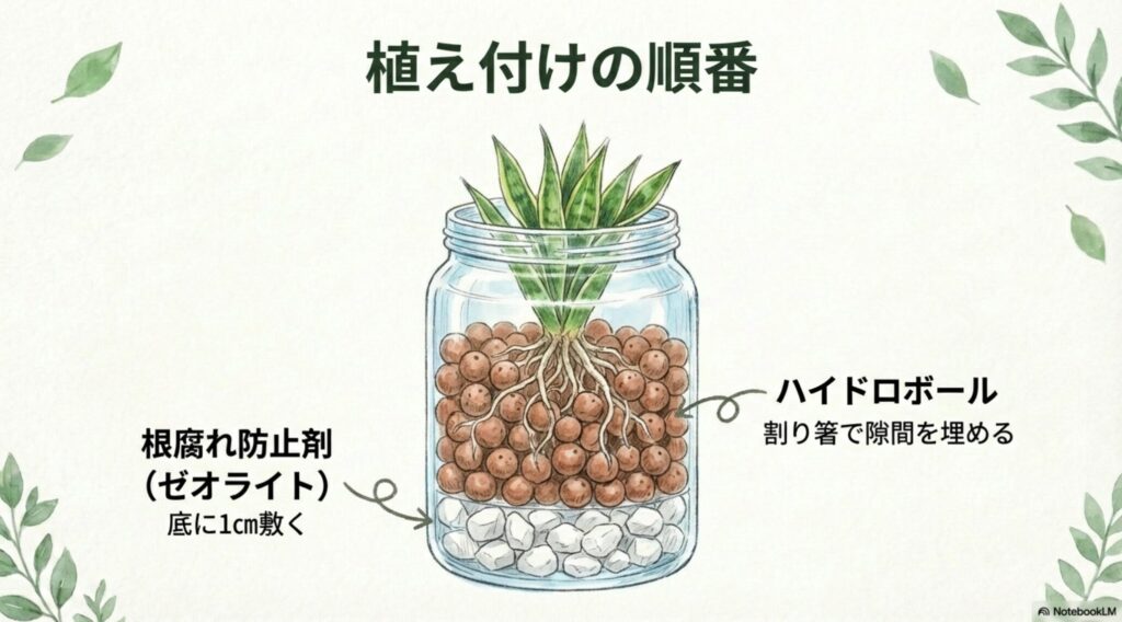 ガラス容器にゼオライトとハイドロボールを入れてサンスベリアを植え付ける図解