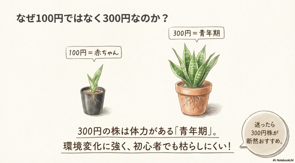 サンスベリアの100円苗（赤ちゃん）と300円苗（青年期）のサイズと根張りを比較したイラスト