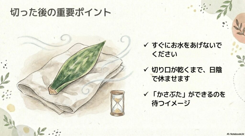 剪定後のサンスベリアの切り口を乾燥させて「かさぶた」を作る重要性を説明した図。