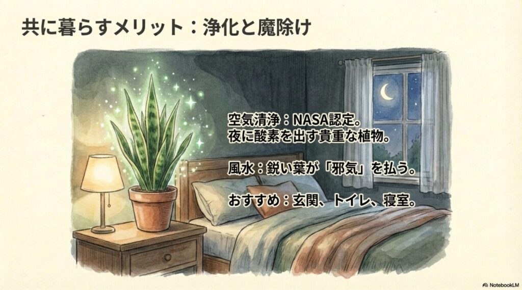 サンスベリアの空気清浄効果（NASA認定）と風水効果の解説イラスト