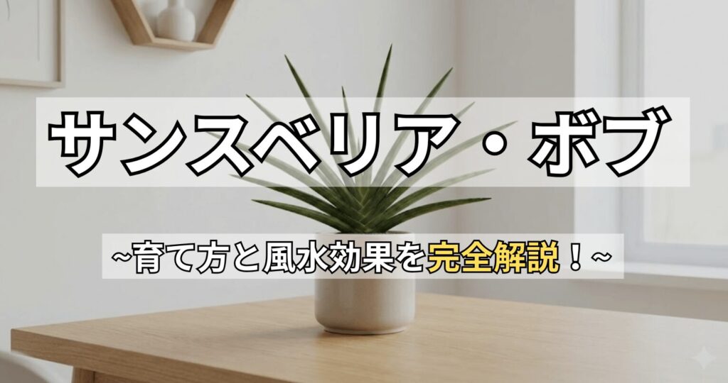 サンスベリア・ボブの鉢植えと「サンスベリア・ボブ〜育て方と風水効果を完全解説！〜」という文字