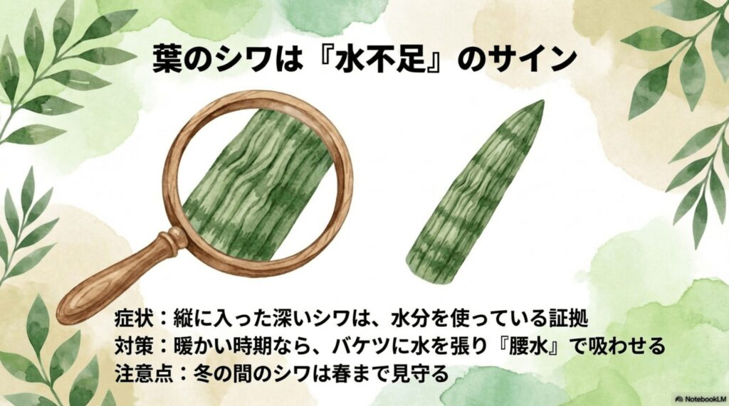 サンスベリア・ボブの葉の縦ジワは水不足のサインと腰水による復活方法