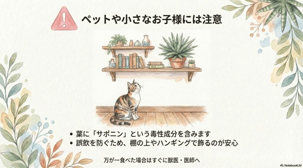 犬や猫の誤飲を防ぐためサンスベリア・ボブを棚の上に飾る安全対策