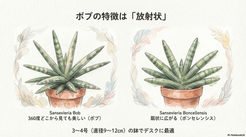 放射状に広がるサンスベリア・ボブと扇状に広がるボンセレンシスの形の違い