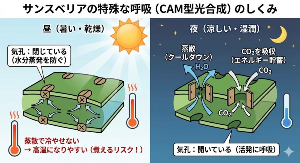 サンスベリアのCAM型光合成の図解イラスト。昼間(左側)は暑さと乾燥から身を守るために気孔を閉じて水分の蒸発を防ぎ、夜間(右側)は涼しく湿潤になると気孔を開いてCO2を吸収し、蒸散でクールダウンしている様子を比較解説。