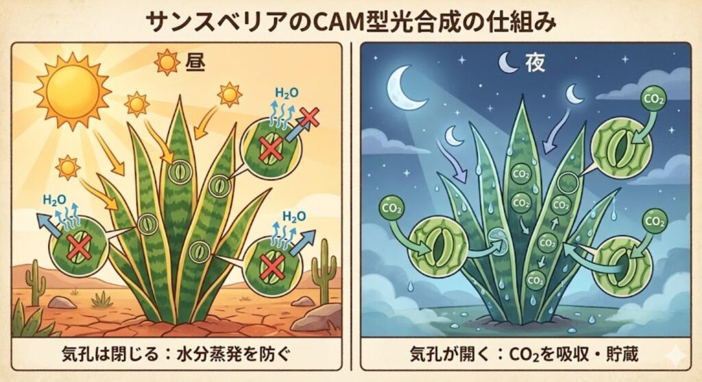 サンスベリアのCAM型光合成の仕組みを示すイラスト。左側の「昼」は太陽の下で気孔を閉じ水分蒸発を防いでいる。右側の「夜」は月明かりの下で気孔を開き、二酸化炭素（CO2）を吸収・貯蔵している様子。