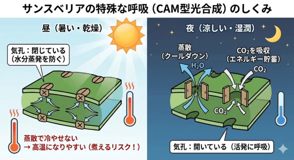 サンスベリアのCAM型光合成の図解イラスト。昼間(左側)は暑さと乾燥から身を守るために気孔を閉じて水分の蒸発を防ぎ、夜間(右側)は涼しく湿潤になると気孔を開いてCO2を吸収し、蒸散でクールダウンしている様子を比較解説。