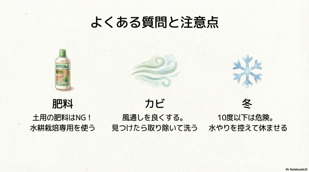 よくある質問と注意点。肥料は土用を避け水耕栽培専用を使う。カビは風通しを良くし見つけたら取り除いて洗う。冬は10度以下に注意し水やりを控えて休ませる