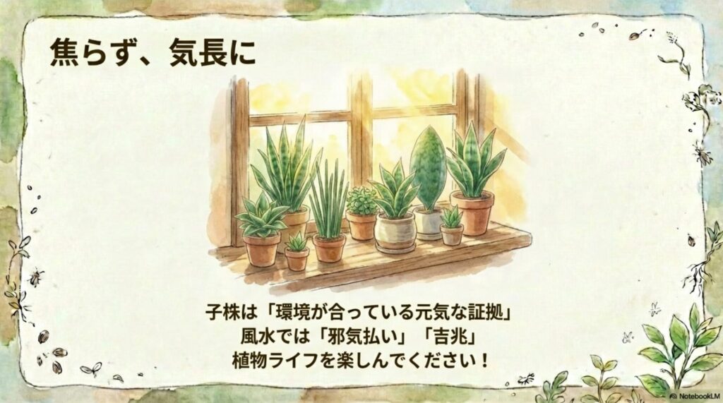 サンスベリアの子株育成は焦らず気長に。子株は環境が合っている元気な証拠であり、風水では邪気払いや吉兆とされる。
