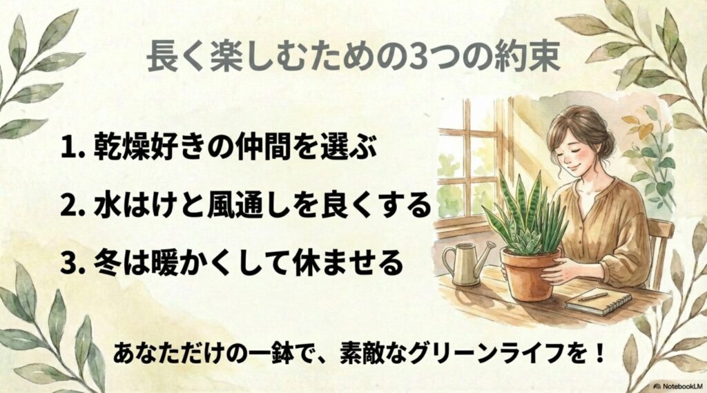 乾燥好きの仲間を選ぶ、水はけと風通しを良くする、冬は暖かくして休ませるという3つの約束