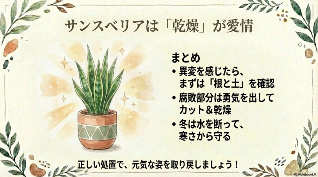 根と土の確認、腐敗のカットと乾燥、冬の断水など、記事の要点をまとめたイラスト