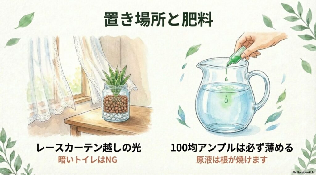 窓辺のレースカーテン越しの光と液体肥料を与える様子のイラスト