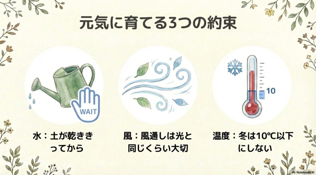 サンスベリアを元気に育てる3つの約束。水は土が乾ききってから与え、風通しは光と同じくらい確保し、冬の温度は10度以下にしないこと。