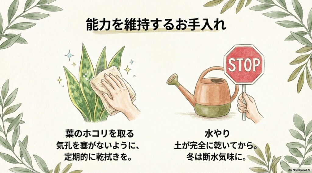 サンスベリアの能力を維持するお手入れ方法。気孔を塞がないよう定期的に葉を乾拭きし、水やりは土が完全に乾いてから行います。冬は断水気味に育てます。