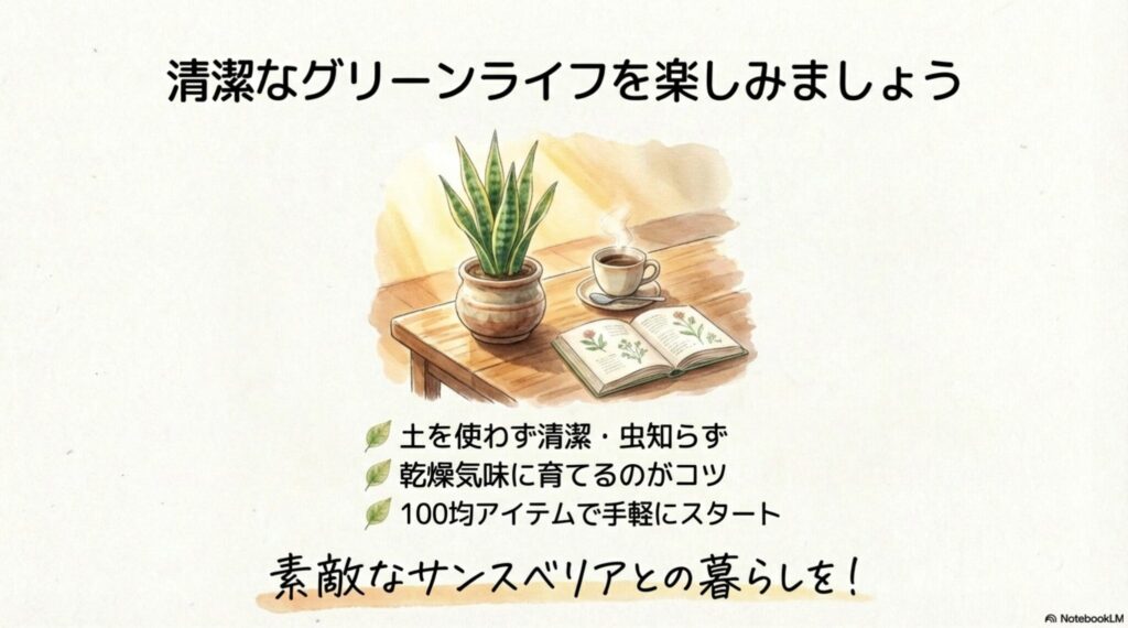 清潔なグリーンライフを楽しみましょう。土を使わず清潔・虫知らず、乾燥気味に育てるのがコツ、100均アイテムで手軽にスタート。素敵なサンスベリアとの暮らしを!